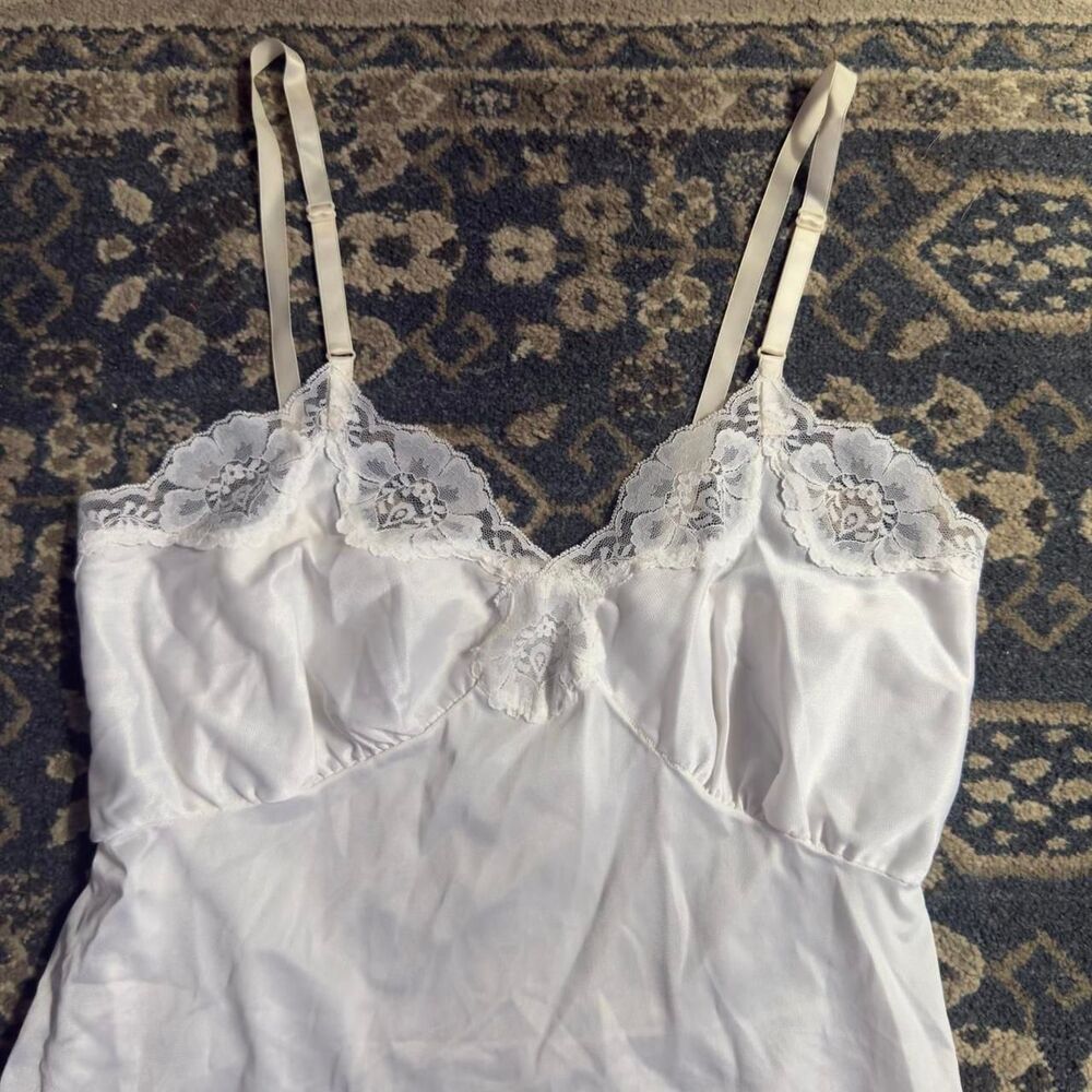 Vintage White Satin Floral Lace Trim Midi Slip Dress Boudoir Bridal Y2K Womens M